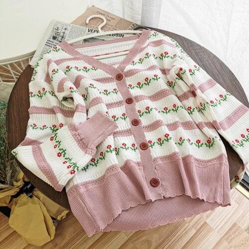 Casual Simple Loose Slim Knitted Women Sweater V-neck Printing Long-sleeved Wild 2020 Single-breasted Ladies Blouse