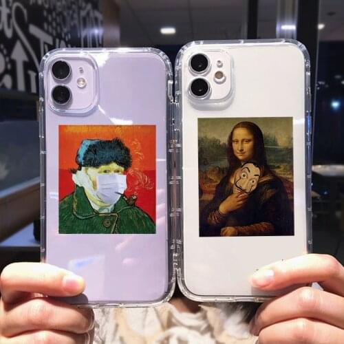GYKZ Funny Mona Lisa Art Transparent Phone Case For iPhone 11 Pro 12 7 XS MAX SE2020 XR X 8 6Plus Painting Soft TPU Cover Fundas