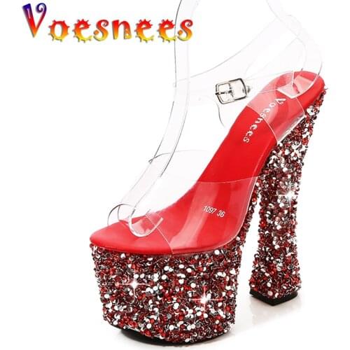 New Summer Strap Bling Sandals Super High Heels Sexy Open Toe Pointed Sandals Nightclub Women Shoes Chunky Heels Bridal Shoes