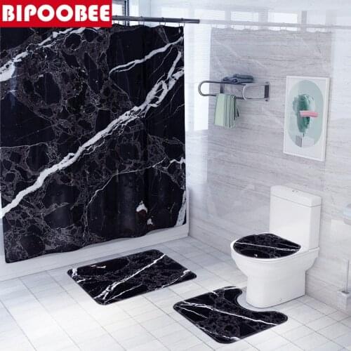 Dark Blue Marble White Stripe Printing Modern Shower Curtain Bathroom Curtains Non Slip Rug Toilet Lid Cover Bath Mat Home Decor
