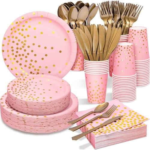 Pink Gold Party Supplies Disposable Dinnerware Sets Paper Plates Napkins Cups Tableware for Birthday Bridal Baby Shower Wedding