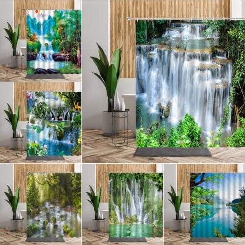 Waterfall Forest Landscape Shower Curtains Green Tree Bathroom Curtain Fabric Summer Natural Scenery Home Decor Bath Decoration