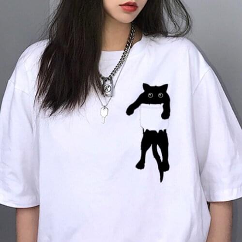 Women T shirt Harajuku cartoon pocket cat print top 2019 summer short sleeve t-shirt female o-neck loose Female clothing