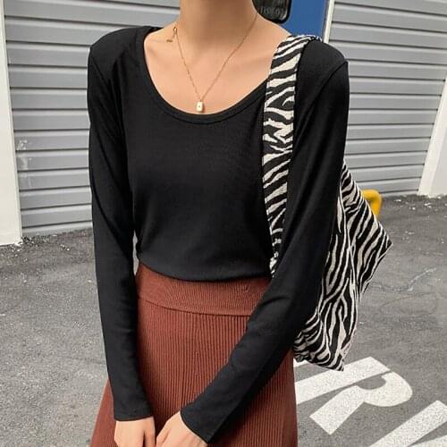 Tshirt Women 2021 Spring Cotton Long Sleeve Solid Casual Black Korean T Shirt Female O Neck Slim Thin Basic Tees T-Shirts Tops