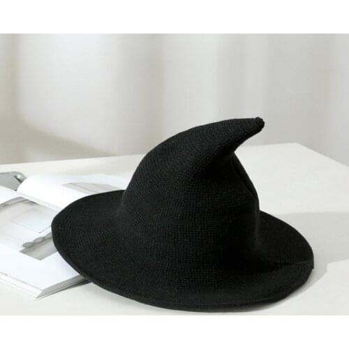 Halloween Witch Hat Women Wool Wide Foldable Pointed Cap Brimmed Wizard Hat Cap Halloween Christmas Costume Party