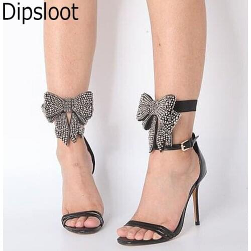 Summer Women Sexy Shiny Leather Strappy Removable Crystal Bling Bowtie Elastic Band Dress Thin Heels Ankle Strap Sandals Ladies