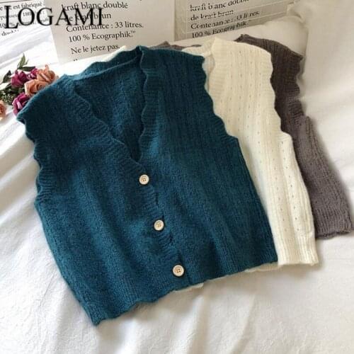 LOGAMI Preppy Style V-neck Single-breasted Sleeveless Knit Vest Short Sweater Vest Women Pullover