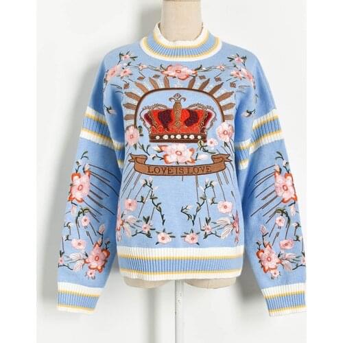 Runway Luxury Autumn Winter Knitting Pullovers Womens High Quality Floral Crown Embroidery Casual Loose Blue Sweater Female