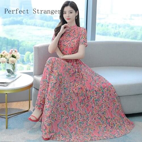 High Quality 2021 Summer Dress For Women Round Collar Floral Printed Short Sleeve Women Chiffon Long Dress
