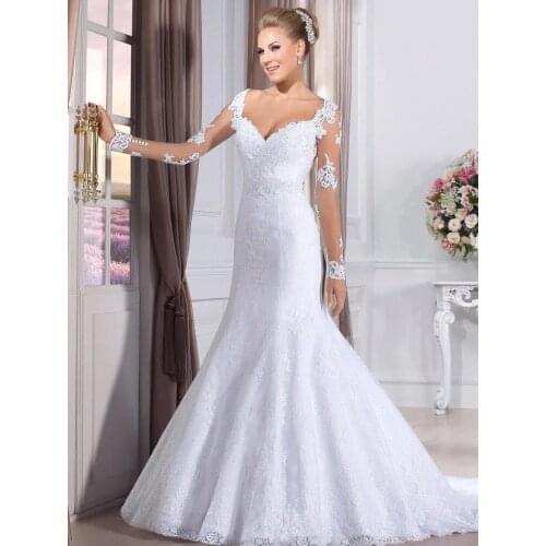 2020 See Through Buttons Back Lace Bride Dresses Vestido De Noiva Sereia Sexy Sweetheart Long Sleeve Mermaid Wedding Dresses