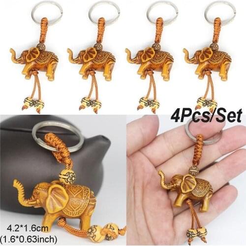4 PCS Elephant Keychain Peach Wood Carving Unique Key Chain To Give Gifts Pom Pom Cute Keychain Stainless Steel