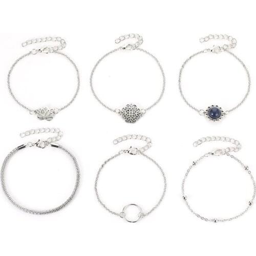 6 Pcs / Set Fashion Hollow Lotus Boho Geometric Circle Silver Plated Alloy Charm Bracelets For Women Girls