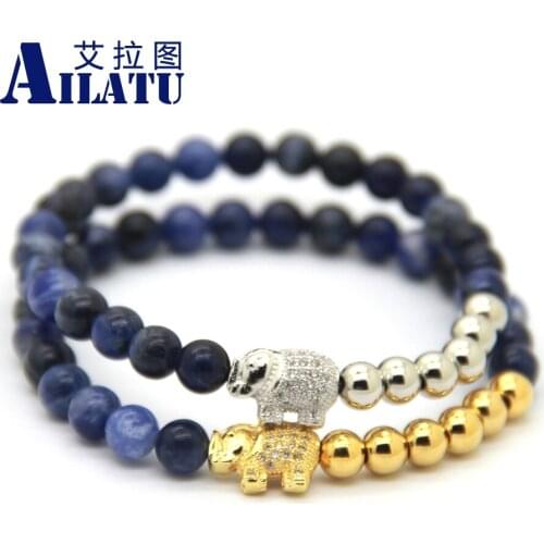 Ailatu Micro Inserts Zircon Elephant Charm Lucky Bracelet Jewelry 6mm Natural Stone Beads