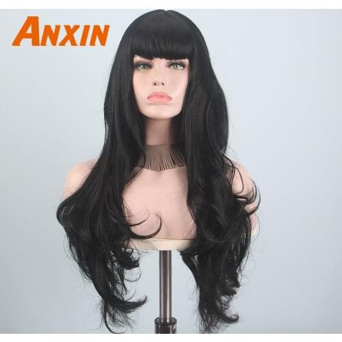 Anxin Long Black Wigs for Black Women Wave Hairs with Bangs Synthetic Natural Color Black Blonde Yellow Cosplay Party Wig