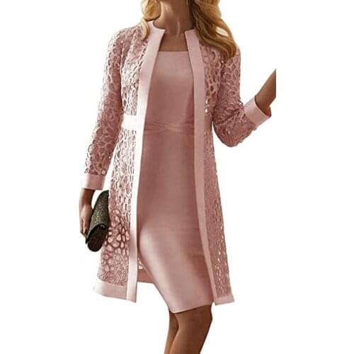 2 Pcs Satin Lace Mother of the Bride Dresses Solid Long Sleeve Elegant Chiffon Dress Suits With Hollow Jacket Plus Size Custom