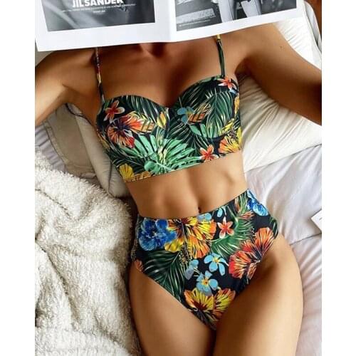 Floral Print Bikinis Women High Waist Swimsuit Push Up Swimwear 2021 Leaf Bathing Suit String Padded Bra Bikini Set Beach Wear