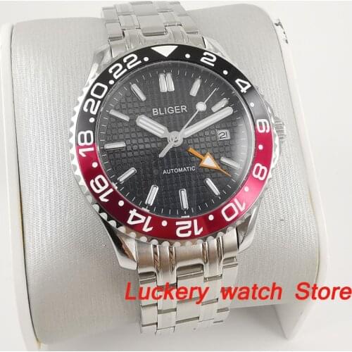 Bliger 41mm luxury watch black dial saphire glass;Stainless steel strap spin bezel GMT Automatic movement mens watches
