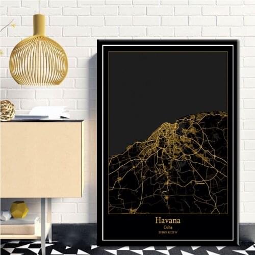 Havana Cuba Black and Gold Light City Map Poster Custom World Art Canvas Painting Wall Pictures for Living Room Home Decor