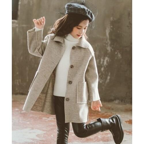 Childrens woollen coat long girls windbreaker