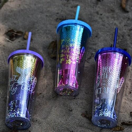 350ml Double-layer Plastic Straw Cup Gradient Mermaid Tail Electroplating Drink Cup Juice Fish Tail Sequined Water Cup Hot Sale