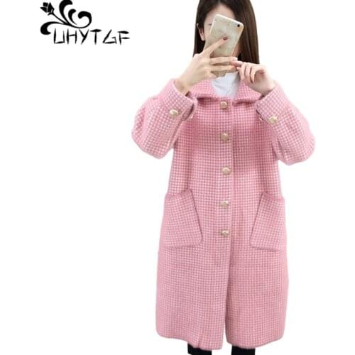 UHYTGF Imitation Mink Fleece Autumn Winter Sweaters Coat Single-Breasted Cardigan Women Mid-Length Knitted Plus Size Jacket 1473