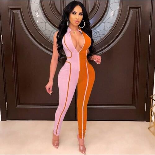 Elegant Color Patchwork Sleeveless Front Zipper Jumpsuit Women Streetwear Fitness Overalls for Female Long Autumn Wear Rompers