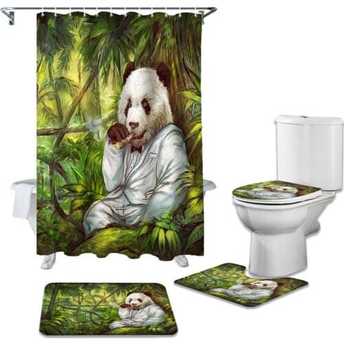 Oil Painting Panda Forest Abstract Shower Curtains Set Bath Mat Set Toilet Cover Bathroom Accessories Bathroom Rug Set