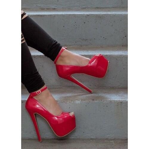 Moraima Snc Red patent Leather High Heel Shoes Sexy Peep Toe Platform Pumps Ankle Strap Thin Heels Party Shoes