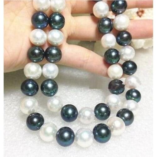 Very surprising 35" 10-11 mm white+black pearl necklace Yellow Clasp