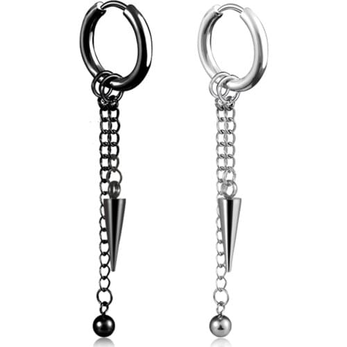 Punk Triangular Cone Ball Pendant Drop Earrings For Men Classic Stainless Steel Chain Tassels Earrings Jewelry Brincos Gift