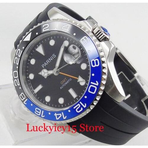 PARNIS Top Brand GMT Hand Black Dial Sapphire Crystal Date Window Mechanical Wristwatch Automatic Movement