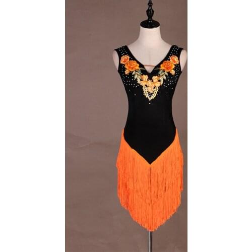 Tassel fringe Latin Dance Dress Lady Ballroom Tango Dresses Cha Salsa Clothes For Women Latin Practice Wear orange tassel lq043