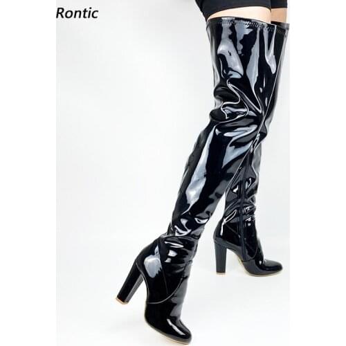 Rontic Personal Customized Women Spring Thigh Boots Unisex Patent Block Heels Round Toe Elegant Black Cosplay Shoes US Size 5-20