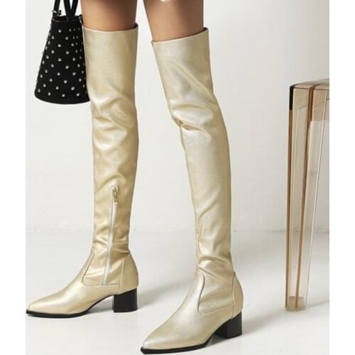 Pointy Toe Med Chunky Heel Boots Long Sexy Ladys Patent Leather Winter Thigh High Boots Side Zip Women Shoes