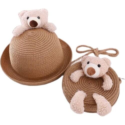 Korean Cartoon Bear Children Sun Hat Bag Set Spring Summer Brand Flanging Beach Hats For Boy Girl Kid Wide Brim Cap