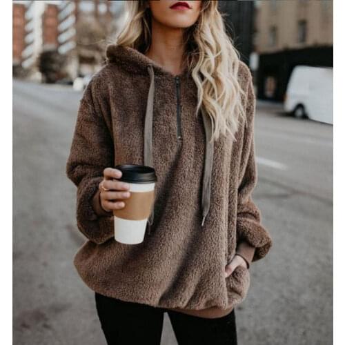 Women Fleece Hoodies 2021 Long Sleeve Hooded Pullover Sweatshirt Autumn Winter Warm Zipper Pocket Fur Coat Plus Size 5XL