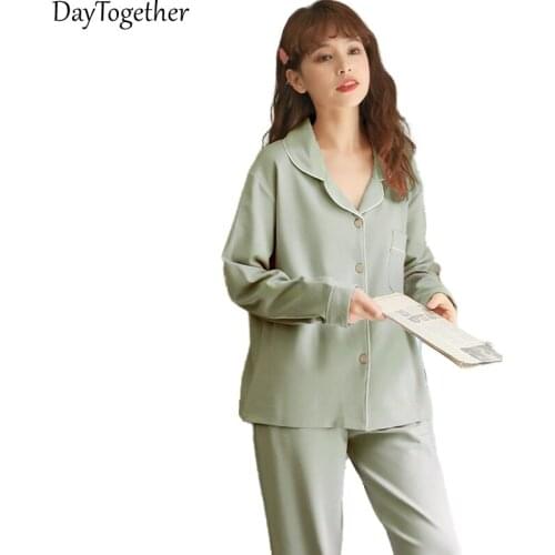 Spring Cotton Pajamas For Women Long Sleeve Sleepwear Pants Suit Solid Color Homewear Ladies Pyjama Sets