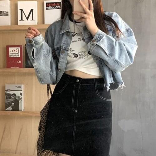 New Fashion Rough Edge Denim Short Coat Loose Lapel Long Sleeve Denim Jacket Top Spring Autumn Casual Women Blue Korean Chaqueta