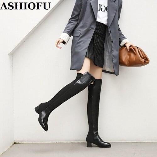 ASHIOFU Handmade Ladies Block-heel Boots Patchwork-leather Sexy Night-club Party Dress Shoes Evening Fashion BFCM Long Boots