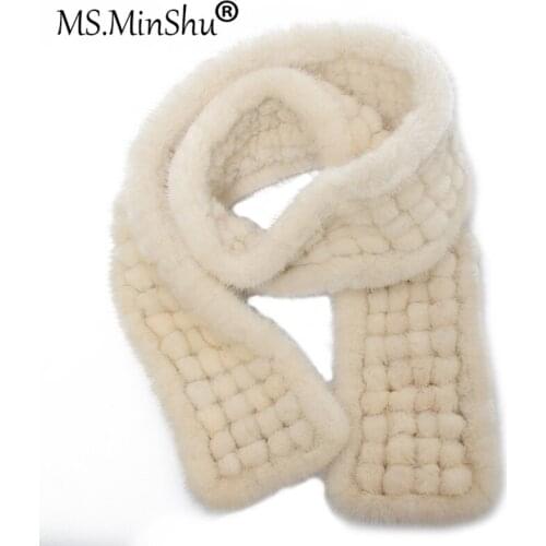 MS.Minshu Hand Made 150cm Luxury Genuine Mink Fur Balls Scarf Neck Warmer Black Mink for Women