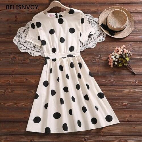 2021 Summer Purple Apricot Polka Dot Dress Short A-line Cotton Women Elegant Mini Party Vestidos Sweet Girls High Waist Dress