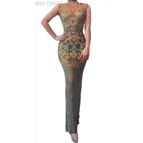 Gold Pattern Flashing Rhinestones Sleeveless Transparent Dress Prom Birthday Celebrate Outfit Bar Women Dancer Show Long Dress