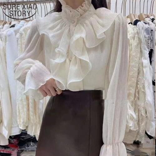 2021 Spring New Ruffle Stitching Blouse Women Buttons Ruched Loose Palace Long Flare Sleeve Tops Fashion Chiffon Shirt 12946