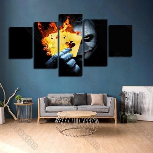 5 Pieces Hd Printed Frameless Canvas Painting White and Black Joker Holding Fire Pokers Poster for Home Rooms Wall Decoration