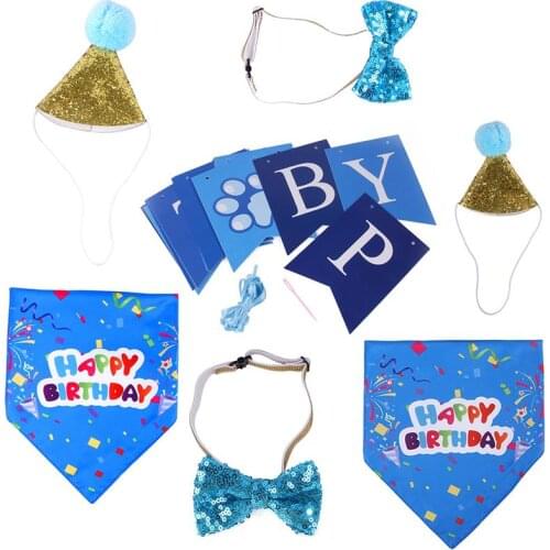 7Pcs Pet Dog Happy Birthday Banner Puppy Bandana Cone Hats Bowknot Collars Costume Decoration For Birthday Party Dog Accessories