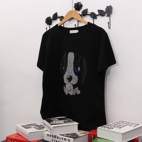 Ummer 2021 new Korean plus size cotton short-sleeved t-shirt womens fashion style leaves hot diamond loose Black female tops