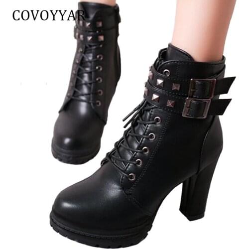 COVOYYAR 2019 Rivet Buckle Women Martin Boots Autumn Winter Motorcycle Ankle Boots Women Side Zip Black Shoes High Heels WBS778