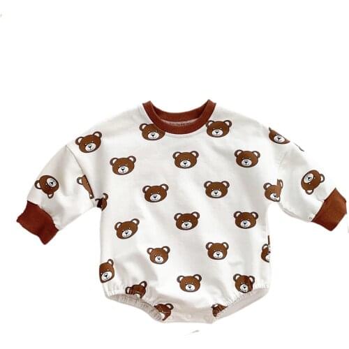 Babies Casual Loose Style Romper, White Cartoon Bear Printed Pattern Long Sleeve Bodysuits Soft Cute Baby Newbron Clothes