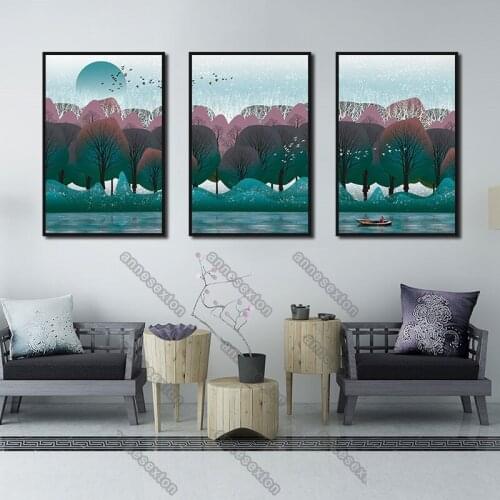 Art Landscape Pictures Canvas Painting Wall Poster Watercolor Prints Green and Red Forest Boats In The River for Home Room Decor