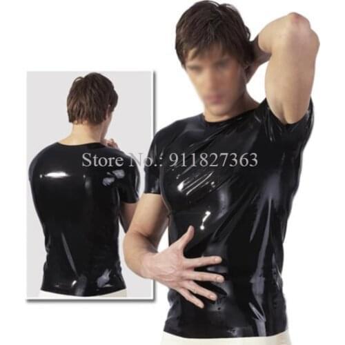 Fashion Sexy Black Latex T-shirts Cool mens short sleeve latex tights tops black latex t-shirt tee by 0.4mm natural latex